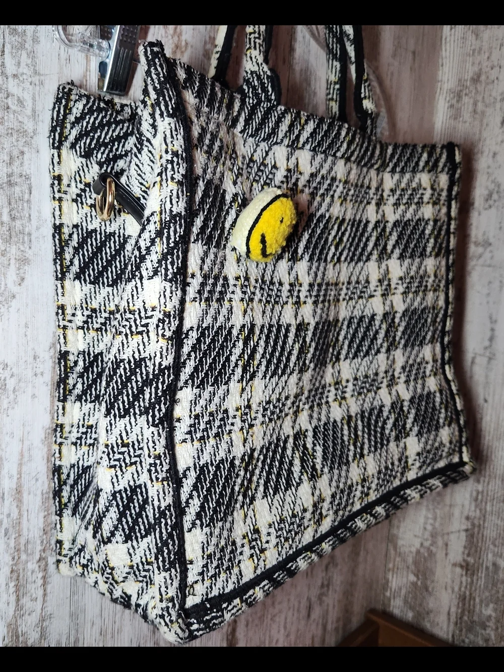 Black, Cream & Yellow Tweed Plaid Check Work Office Tote With Smiley Face